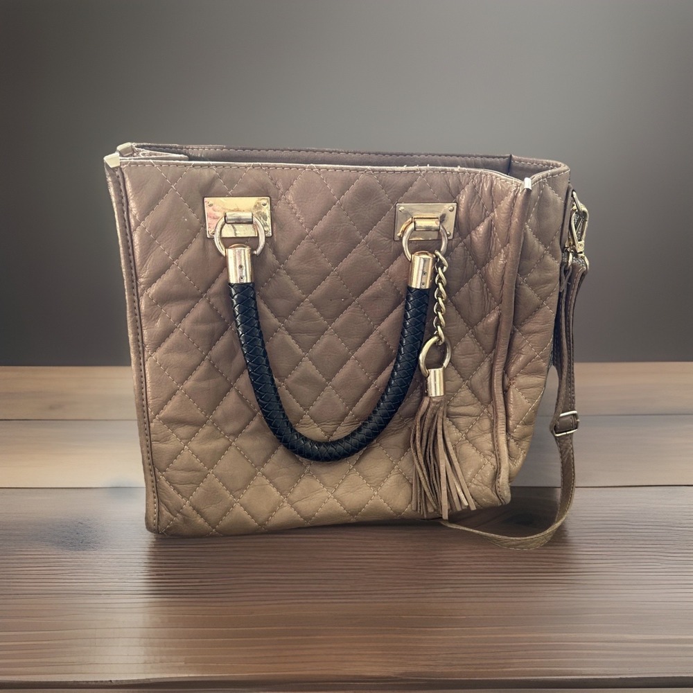 L Credi Made in Italy Quilted Leather Taupe Tote with Braided Black Handles